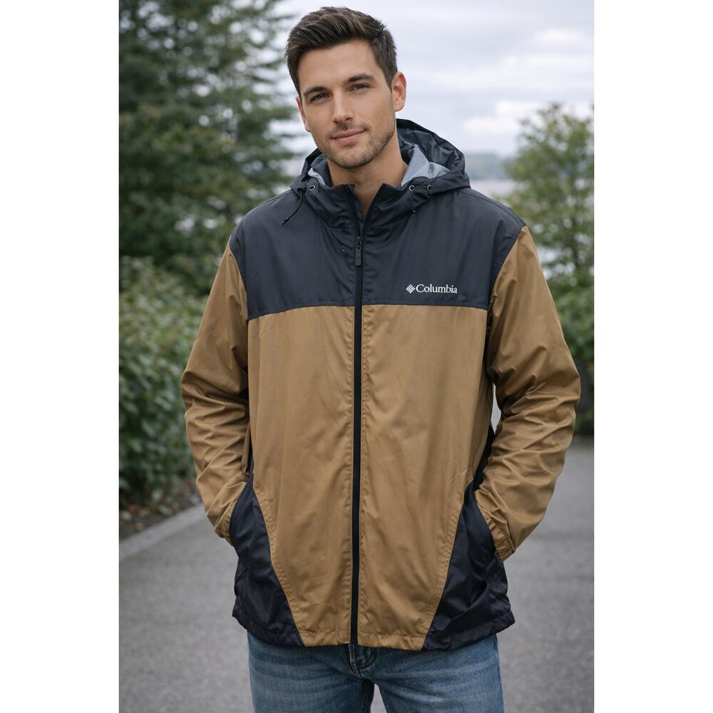 Columbia Men’s XXL Hooded Windbreaker Jacket Navy Tan Full Zip Lightweight
